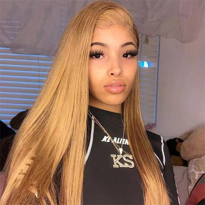 Honey Blonde #27 Colored Straight Hair Lace Wig 100% Virgin Human Hair Wigs 150% And 180% Density