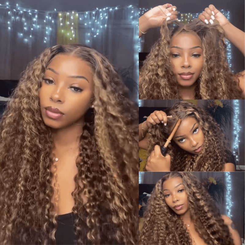 Honey Blonde Highlight Deep Wave Wig 4×4 HD Lace Front Wig Colored Human Hair Lace Wig