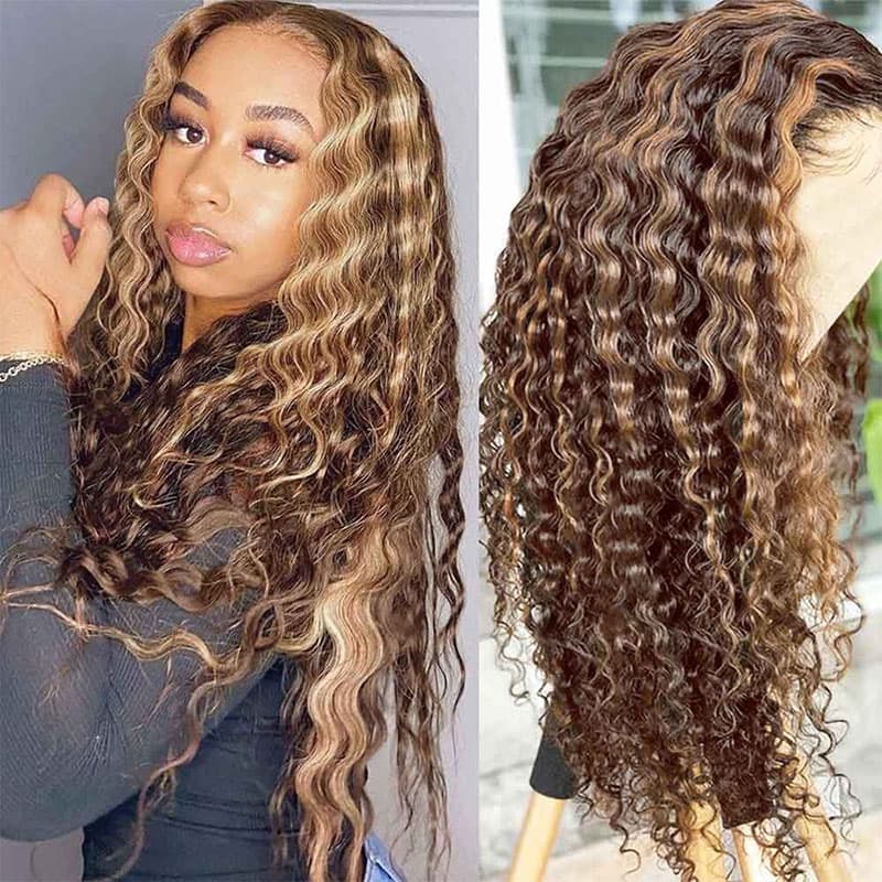 Honey Blonde Highlight Deep Wave Wig 4×4 HD Lace Front Wig Colored Human Hair Lace Wig