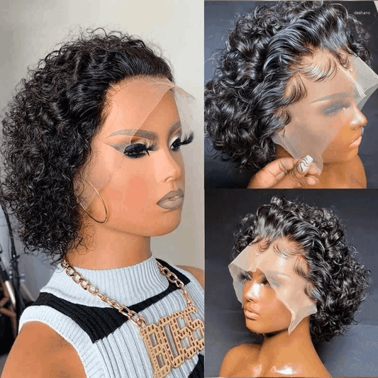 Human Hair Wig Pixie Cut Curly Short Bob Wig Lace Frontal Wig Natural Black Color Wig