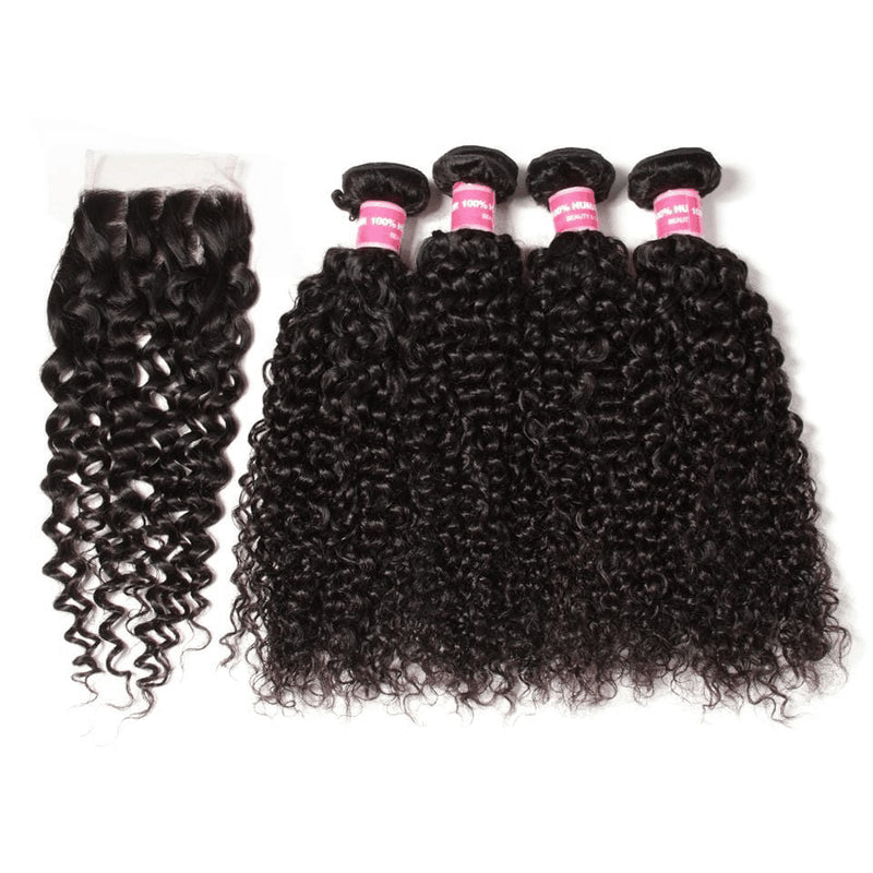 Remy Forte Jerry Curly 4 Bundles With 4×4 Lace Closure Virgin Human Hair Weave Natural Color