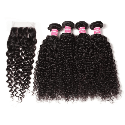 Remy Forte Jerry Curly 4 Bundles With 4×4 Lace Closure Virgin Human Hair Weave Natural Color