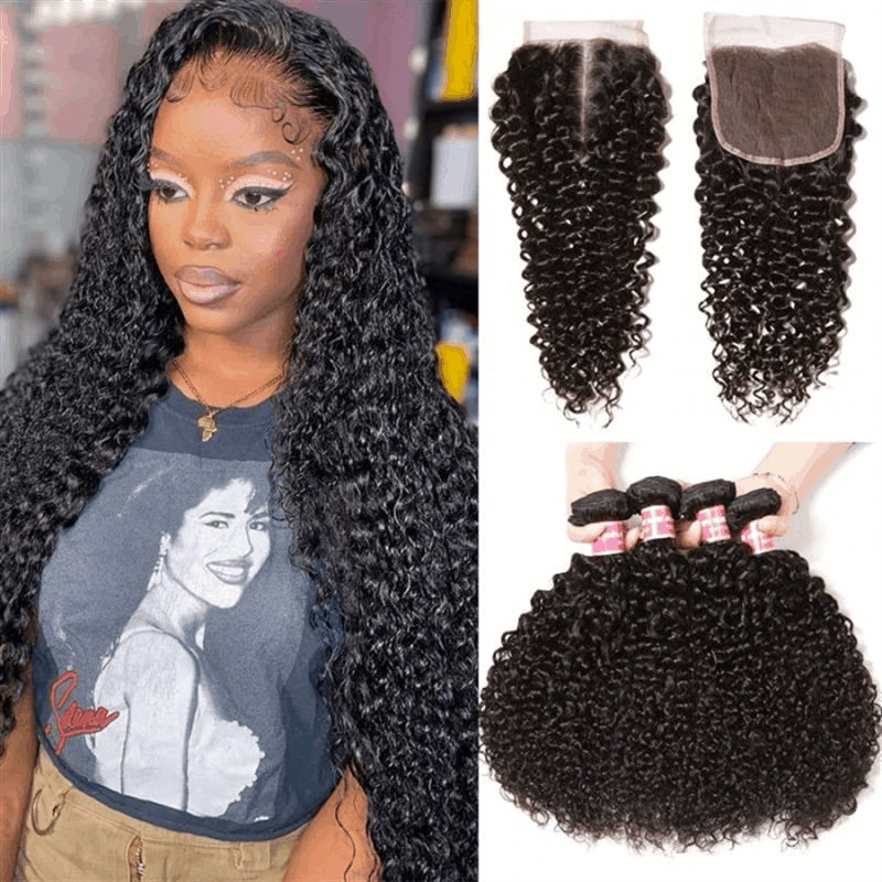 Remy Forte Jerry Curly 4 Bundles With 4×4 Lace Closure Virgin Human Hair Weave Natural Color