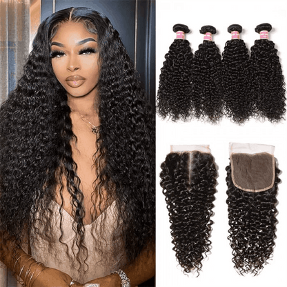 Remy Forte Jerry Curly 4 Bundles With 4×4 Lace Closure Virgin Human Hair Weave Natural Color