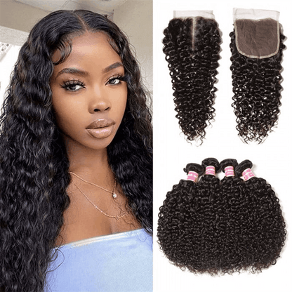 Remy Forte Jerry Curly 4 Bundles With 4×4 Lace Closure Virgin Human Hair Weave Natural Color