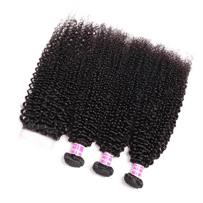 Remy Forte Kinky Curly Hair Bundles With Closure 4 Bundles With 4×4 Lace Closure Natural Color