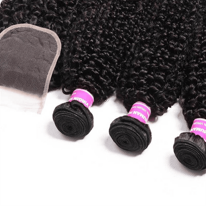 Remy Forte Kinky Curly Hair Bundles With Closure 4 Bundles With 4×4 Lace Closure Natural Color