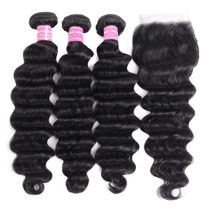 Remy Forte Loose Deep Wave Hair 3 Bundles with 4×4 Lace Closure Brazilian Virgin Human Hair