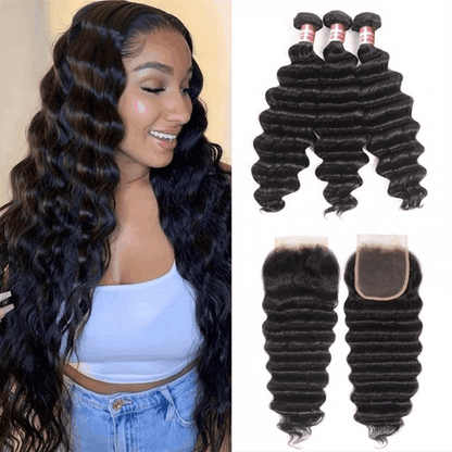 Remy Forte Loose Deep Wave Hair 3 Bundles with 4×4 Lace Closure Brazilian Virgin Human Hair