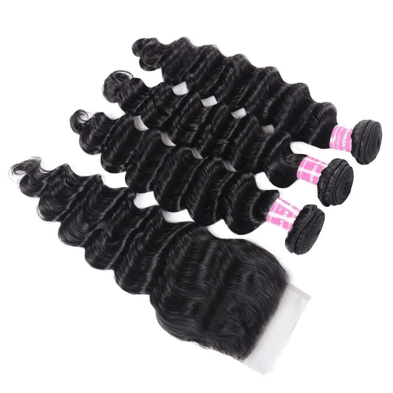 Remy Forte Loose Deep Wave Hair 3 Bundles with 4×4 Lace Closure Brazilian Virgin Human Hair