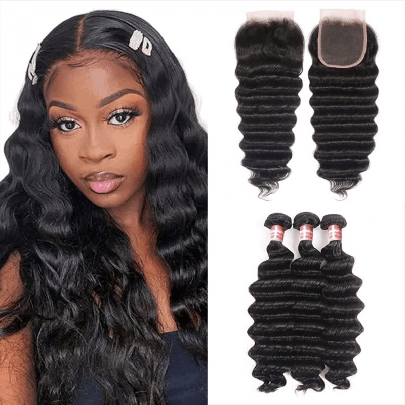 Remy Forte Loose Deep Wave Hair 3 Bundles with 4×4 Lace Closure Brazilian Virgin Human Hair