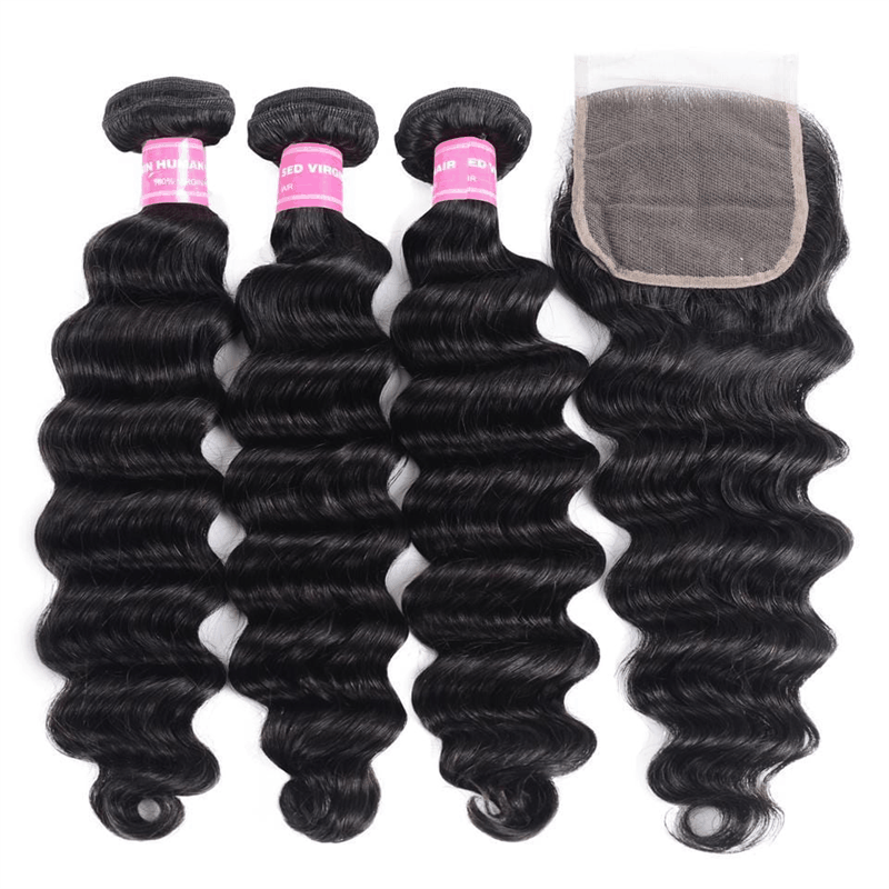 Remy Forte Loose Deep Wave Hair 3 Bundles with 4×4 Lace Closure Brazilian Virgin Human Hair