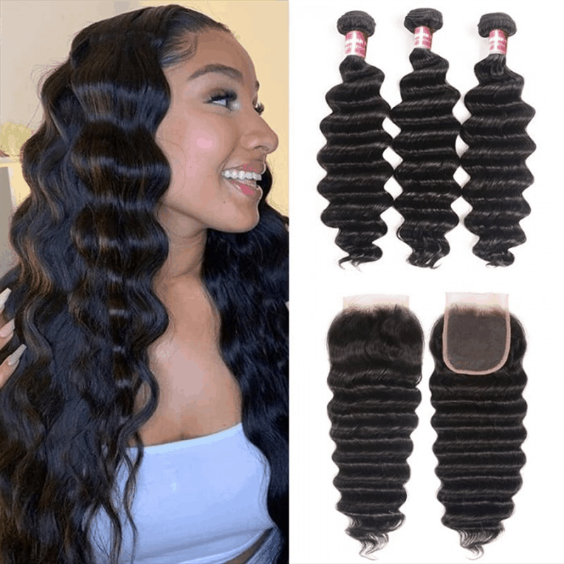 Remy Forte Loose Deep Wave Hair 3 Bundles with 4×4 Lace Closure Brazilian Virgin Human Hair