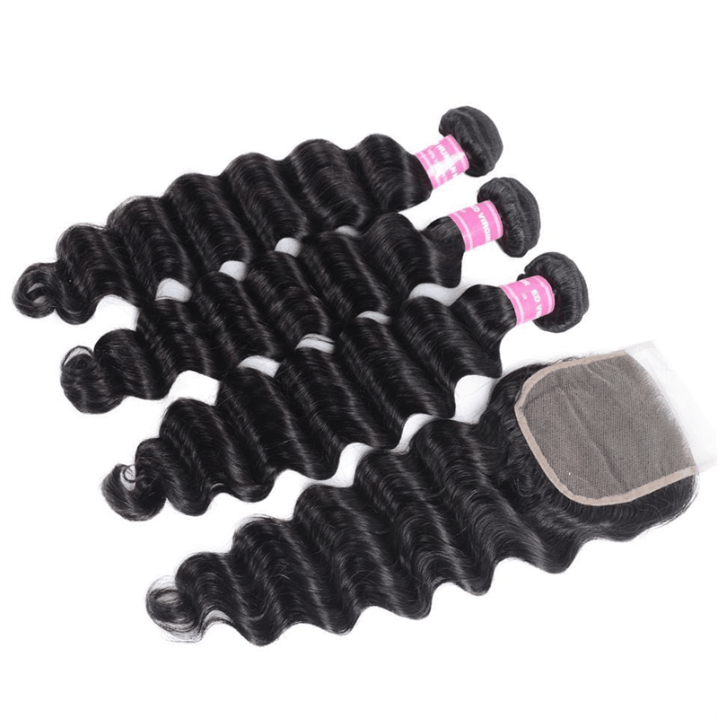 Remy Forte Loose Deep Wave Hair 3 Bundles with 4×4 Lace Closure Brazilian Virgin Human Hair