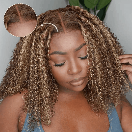 Ombre Highlight Piano Brown Kinky Curly Wear Go Wigs Glueless Lace Hair Wigs 180% Density