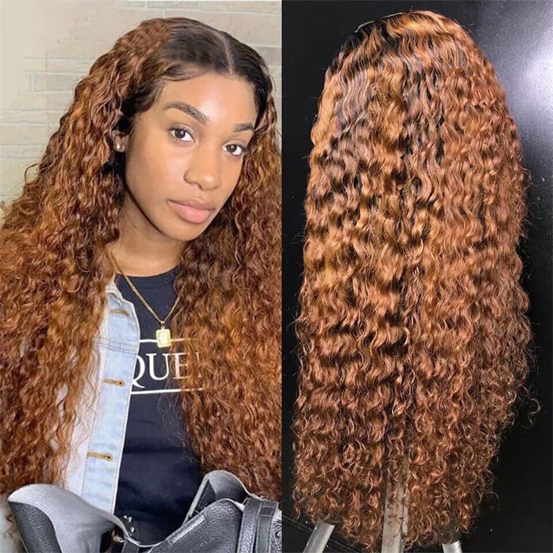 Ombre Honey Blonde Deep Wave Curly Human Hair Lace Wigs 180% Density 1B/30 Colored Wig