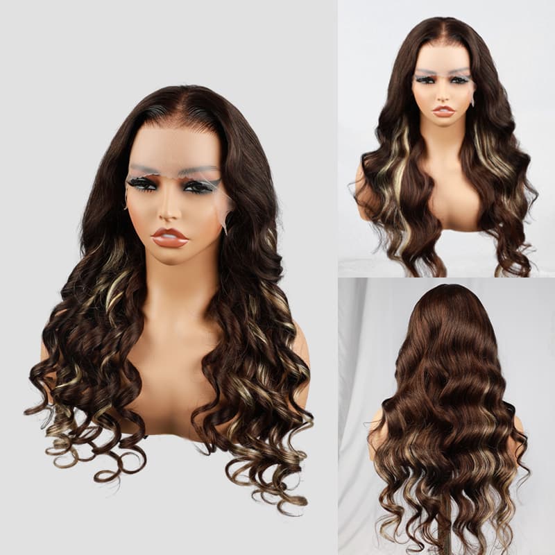 P4/613 Brown Wig With Blonde Highlights Body Wave 13×4 Pre Cut Lace Wig Human Hair Wigs