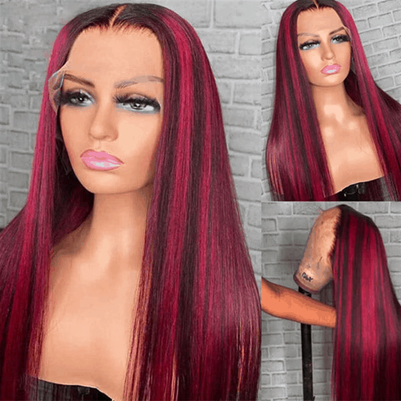 Purple Black Highlight Straight Hair Wig 4×4 And 13×4 Lace Front Wigs Mix Purple Color