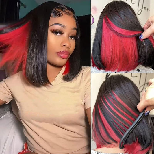 Red Peekaboo Wig Short Straight Bob Lace Wig Ombre Highlight Short Red Skunk Stripe Highlights Wig