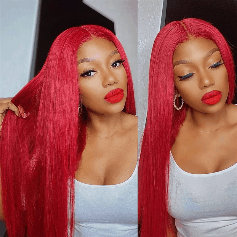 Red Straight 13×4 Lace Front Wig Colored HD Transparent Lace Human Hair Wigs Glueless Wigs