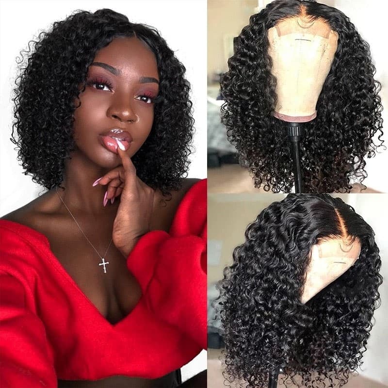 Short Bob Deep Wave 4×4 Lace Closure Human Hair Wigs Short Deep Curly Bob Wigs Natural Black