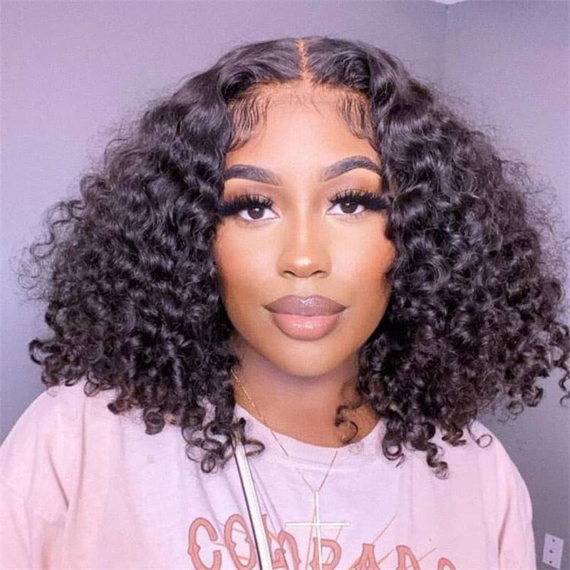 Short Bob Deep Wave 4×4 Lace Closure Human Hair Wigs Short Deep Curly Bob Wigs Natural Black