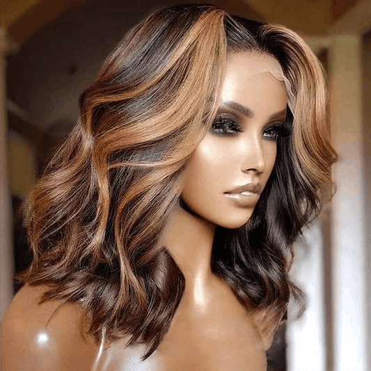Short Wavy HD Lace Wig Bob Lace Front Human Hair Wigs Highlight Honey Blonde Wigs