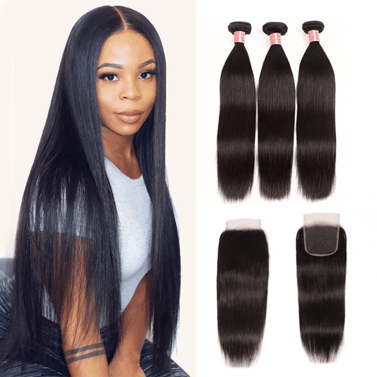 Remy Forte Silky Straight 3 Bundles With 4×4 Lace Closure Remy Human Hair Weave Natural Black Color