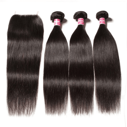 Remy Forte Silky Straight 3 Bundles With 4×4 Lace Closure Remy Human Hair Weave Natural Black Color