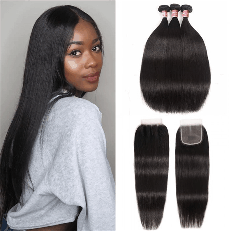 Remy Forte Silky Straight 3 Bundles With 4×4 Lace Closure Remy Human Hair Weave Natural Black Color