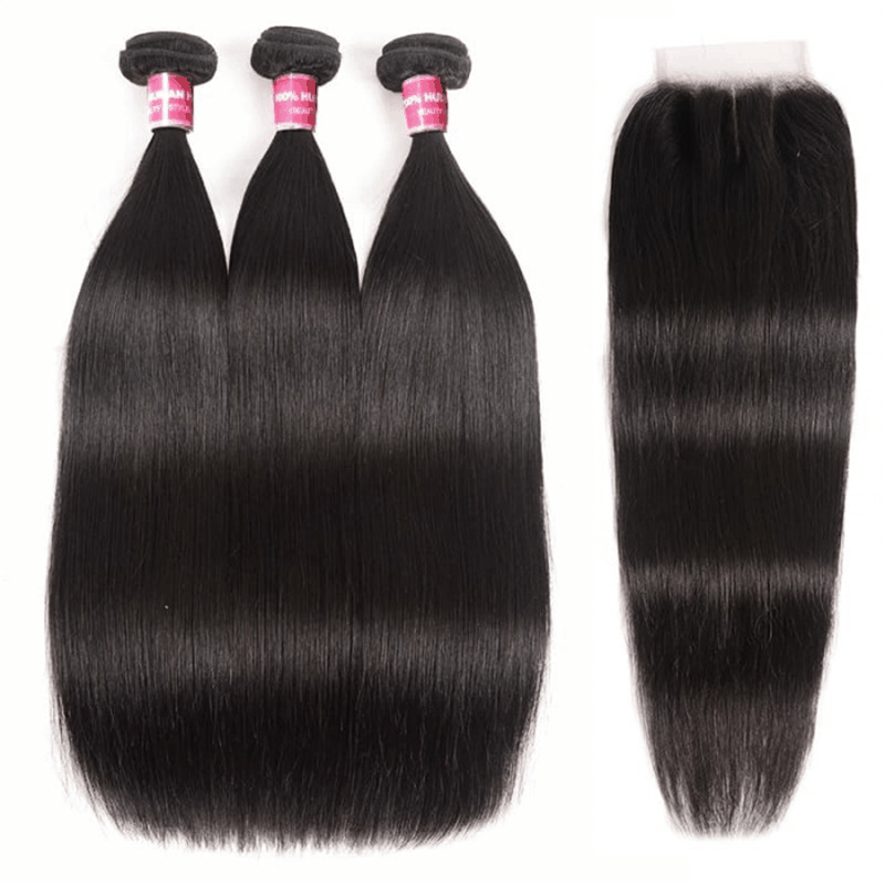 Remy Forte Silky Straight 3 Bundles With 4×4 Lace Closure Remy Human Hair Weave Natural Black Color