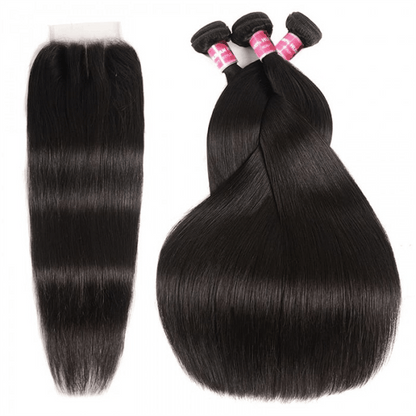 Remy Forte Silky Straight 3 Bundles With 4×4 Lace Closure Remy Human Hair Weave Natural Black Color