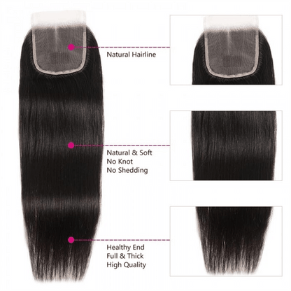 Remy Forte Silky Straight 3 Bundles With 4×4 Lace Closure Remy Human Hair Weave Natural Black Color