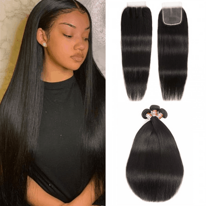 Remy Forte Silky Straight 3 Bundles With 4×4 Lace Closure Remy Human Hair Weave Natural Black Color