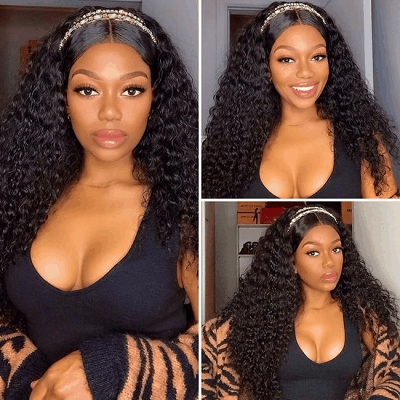 Soft Kinky Curly Affordable Headband Wig 100% Human Hair 180% Density No Lace Glueless Wig