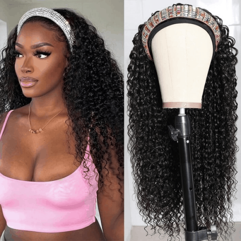 Soft Kinky Curly Affordable Headband Wig 100% Human Hair 180% Density No Lace Glueless Wig