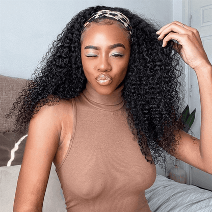 Soft Kinky Curly Affordable Headband Wig 100% Human Hair 180% Density No Lace Glueless Wig