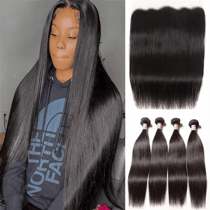 Remy Forte Straight 4 Bundles With Ear to Ear 13×4 Lace Frontal Closure 100% Virgin Human Hair