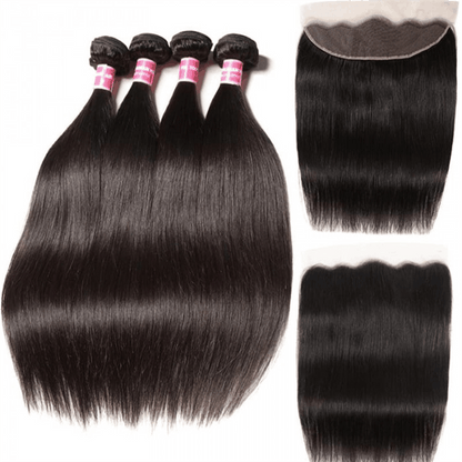 Remy Forte Straight 4 Bundles With Ear to Ear 13×4 Lace Frontal Closure 100% Virgin Human Hair