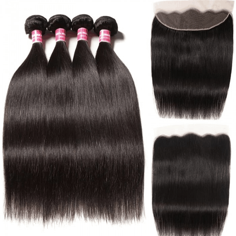 Remy Forte Straight 4 Bundles With Ear to Ear 13×4 Lace Frontal Closure 100% Virgin Human Hair