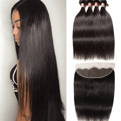 Remy Forte Straight 4 Bundles With Ear to Ear 13×4 Lace Frontal Closure 100% Virgin Human Hair