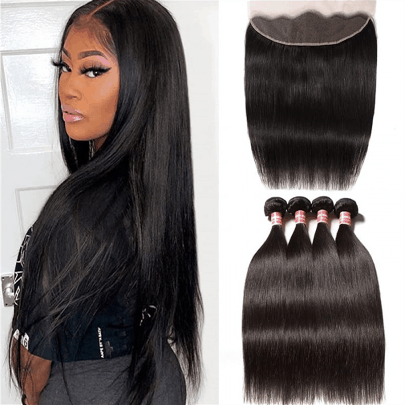 Remy Forte Straight 4 Bundles With Ear to Ear 13×4 Lace Front Closure