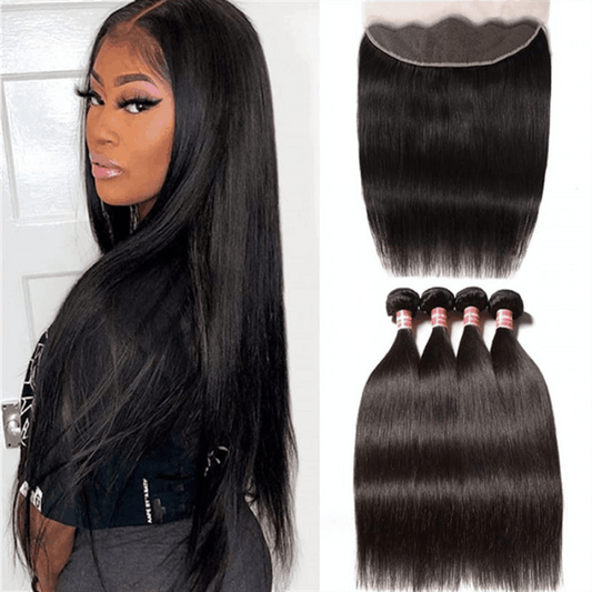 Remy Forte Straight 4 Bundles With Ear to Ear 13×4 Lace Frontal Closure 100% Virgin Human Hair