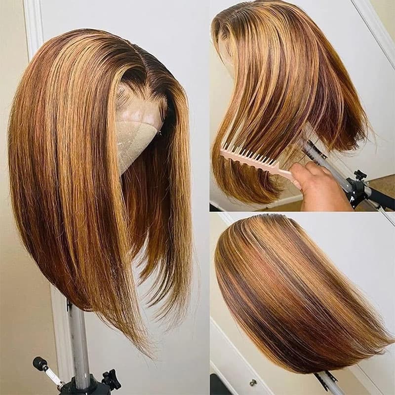 Straight Bob Highlight Wigs P4/27 Colored Straight Lace Bob Wig Human Hair Wigs Pre Plucked