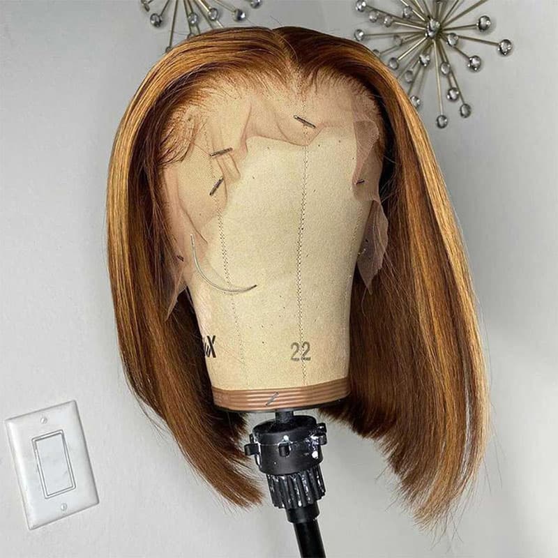 Straight Bob Highlight Wigs P4/27 Colored Straight Lace Bob Wig Human Hair Wigs Pre Plucked