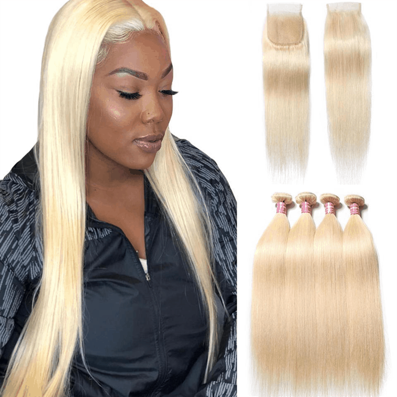 Remy Forte Straight Hair 4 Bundles With Closure 613 Blonde Human Hair Weave With 4×4 Closure