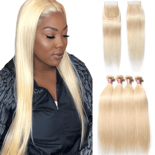 Remy Forte Straight Hair 4 Bundles With Closure 613 Blonde Human Hair Weave With 4×4 Closure