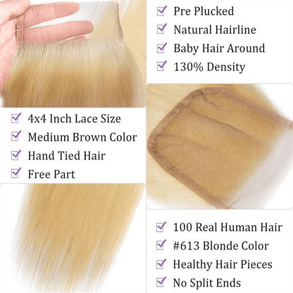 Remy Forte Straight Hair 4 Bundles With Closure 613 Blonde Human Hair Weave With 4×4 Closure