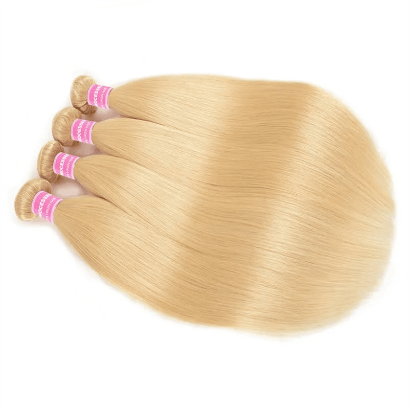 Remy Forte Straight Hair 4 Bundles With Closure 613 Blonde Human Hair Weave With 4×4 Closure