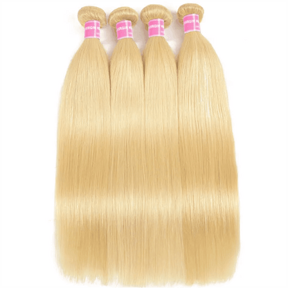 Remy Forte Straight Hair 4 Bundles With Closure 613 Blonde Human Hair Weave With 4×4 Closure